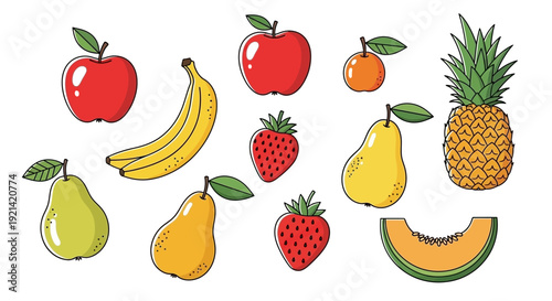 Assortment of Fresh Fruits and Berries, Vector Illustration