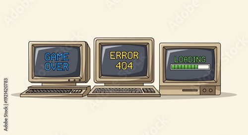 Retro Computers Displaying Game Over, Error 404, and Loading Screens
