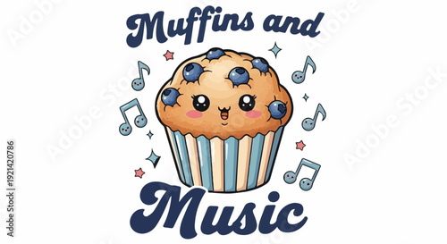 Muffins and Music - Cute Kawaii Blueberry Muffin Character with Musical Notes Graphic Illustration for T-shirt Design