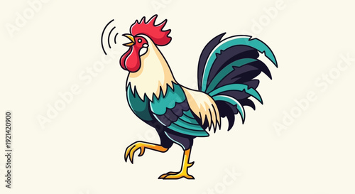 Stylized Cartoon Rooster Crowing Loudly at Sunrise with Sound Waves