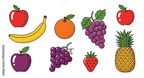 Collection of Assorted Fresh Fruits Illustrated in a Simple, Colorful Vector Style