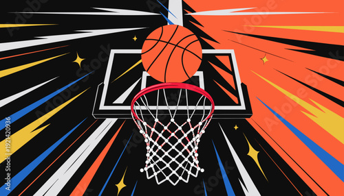 Basketball soaring toward the hoop with motion lines and dramatic composition, symbolizing decisive final seconds, focus, determination, and triumphant scoring moment in competitive play.