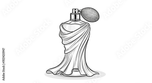 Elegant Perfume Bottle Wrapped in Flowing Drapery with Vintage Atomizer Sprayer