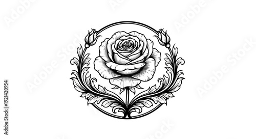 Elegant Rose Emblem with Swirling Ornate Foliage and Bud Accents in Circular Frame