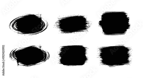 Collection of Six Black Grunge Brush Stroke Shapes on White Background