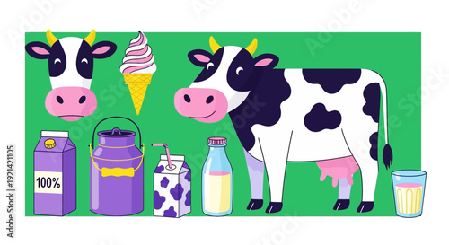 Charming Collection of Dairy Products and Cow Elements on a Green Background