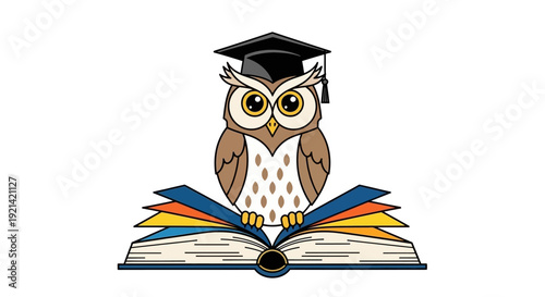 Wise Owl Wearing Graduation Cap on Open Book, Symbolizing Education and Knowledge