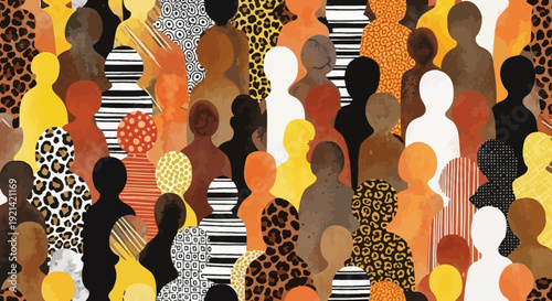 Diverse Group of People Silhouettes with Abstract Patterns and Textures