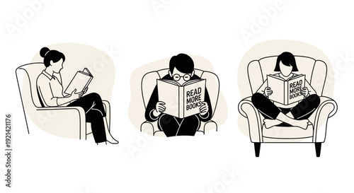 Diverse people enjoying reading books while relaxing in armchairs, promoting literacy