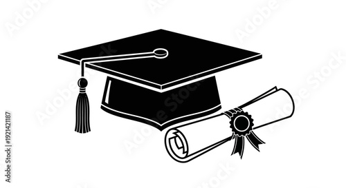 Graduation Cap and Diploma Scroll Icon Symbolizing Education and Achievement in Black and White