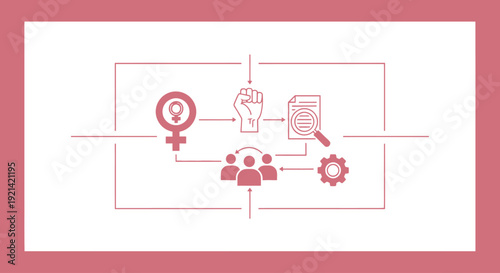 Celebrating International Women’s Day with empowerment icons, people, and documents in a minimalist illustration