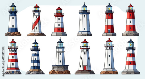 Collection of Diverse Lighthouses on Rocky Shores Under a Light Blue Sky Background