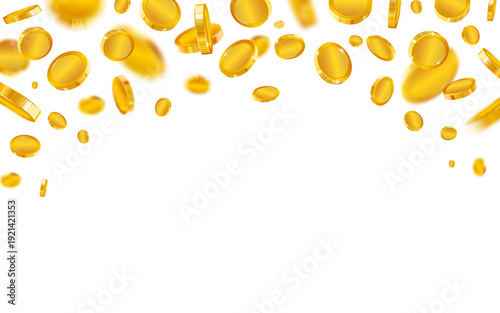 Shiny gold coins falling transparent background.  Gold coins fall from the sky. Victory, easy money