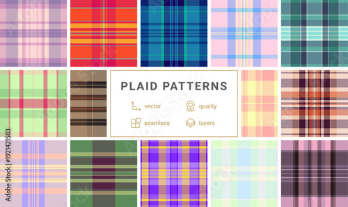 Plaid collection created for seasonal spring sales. Coordinated tartan visuals reinforce fresh and cozy mood. Vector scalability supports campaigns.