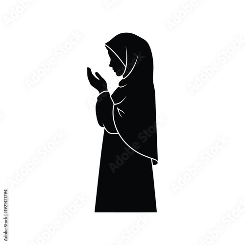 Muslim woman praying silhouette vector, Islamic female worship illustration, black and white art