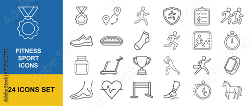 Fitness and Sports Line Icon Set with Running, Gym Equipment, Stopwatch, Trophy and Health Tracking Symbols