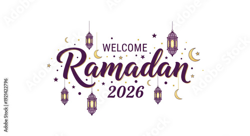 Wallpaper Mural Welcome Ramadan 2026 elegant lettering with lantern and crescent decor. Torontodigital.ca