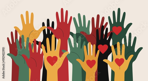 Diverse Hands Raised Up with Hearts, Symbolizing Unity, Support, and Love