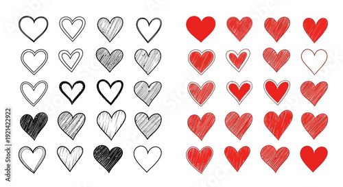 Diverse Collection of Hand-Drawn Heart Icons and Symbols, Sketchy and Solid Fill