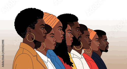 Diverse Group of Black Men and Women in Profile, Celebrating Unity and Strength
