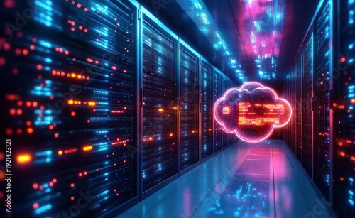 Futuristic data center corridor with rows of illuminated server racks and a glowing neon cloud hologram, vibrant blue and magenta lighting creating an immersive high-tech, awe-inspiring mood