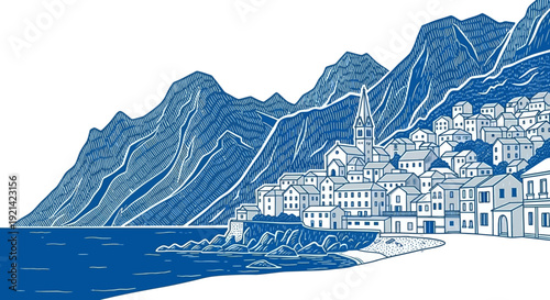 Charming coastal village nestled against dramatic blue mountains and sea, vector illustration