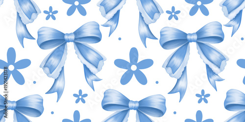 Blue Coquette ribbon bow Watercolor hand painting soft pastel Color. bow ribbon pattern repeating hand drawn seamless Pattern for fashion, tee, t shirt, print, poster, graphic, background.Coquette