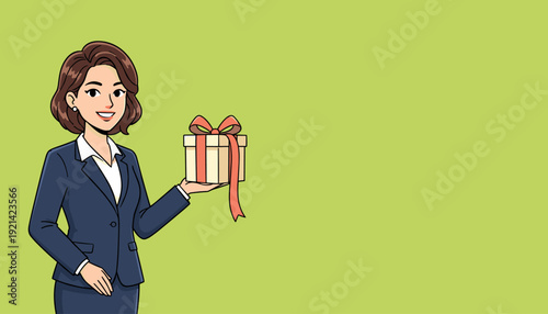 A professional woman in business attire holding a gift box with a red ribbon, standing against a plain colored background