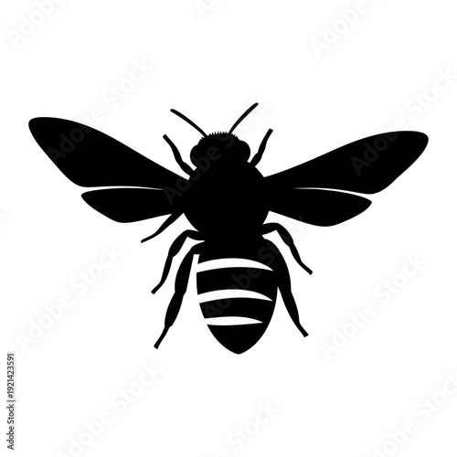 A black silhouette of a bee on a white background
