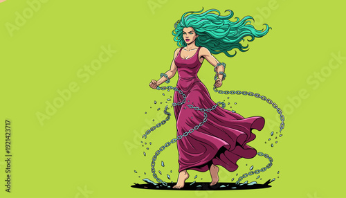 A female dancer in a flowing pink dress with long blue hair, captured in mid-twirl with dynamic motion lines, against a bright lime green background from a front viewpoint in an artistic illustration