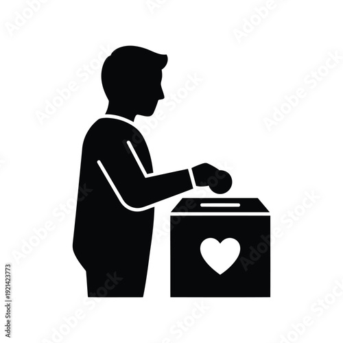 Donation box vector silhouette with person giving charity, black icon for fundraising design