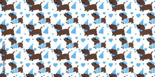 Set of Adorable Cartoonish Puppies Vector Illustration Set Isolated. Dog seamless pattern poster, banner, cards with cute blue brown dogs.