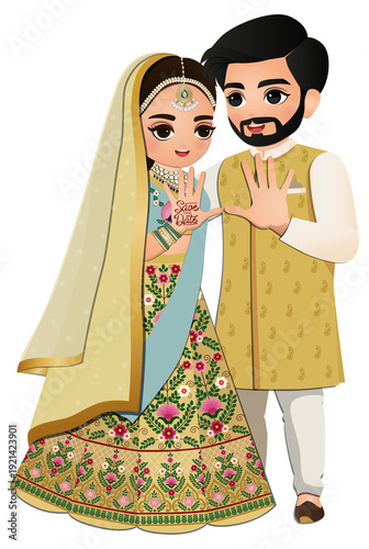  Wedding invitation card the bride and groom cute couple in traditional indian dress cartoon character