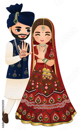  Wedding invitation card the bride and groom cute couple in traditional indian dress cartoon character