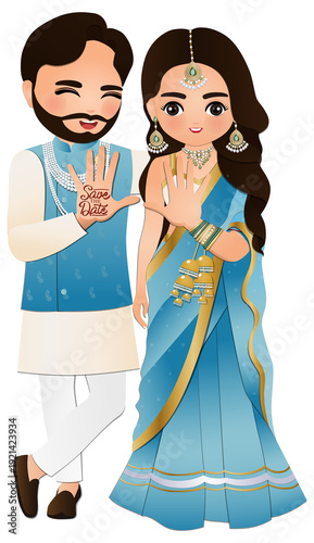  Wedding invitation card the bride and groom cute couple in traditional indian dress cartoon character