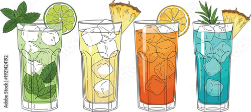 Professional hand-drawn vector illustration set of colorful refreshing long drinks featuring Mojito, Orange, and Blue Lagoon cocktails with ice cubes and fruit garnishes