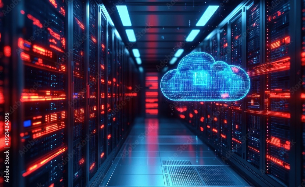 Fototapeta premium Futuristic data center corridor with rows of glowing server racks and red indicator lights, featuring a holographic blue cloud hovering above the aisle and evoking secure high-tech intensity