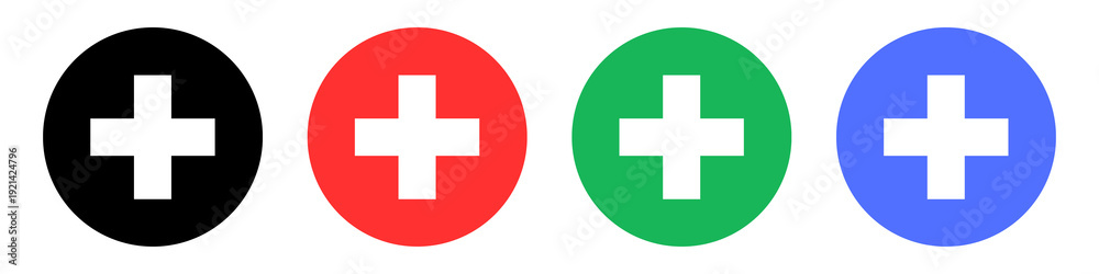 Fototapeta premium Modern Medical Cross Circle Icon Set in Black Red Green and Blue Isolated on Transparent Background Healthcare Plus Symbol Collection