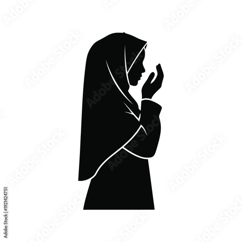 Muslim woman praying silhouette vector, Islamic hijab female profile, black and white illustration