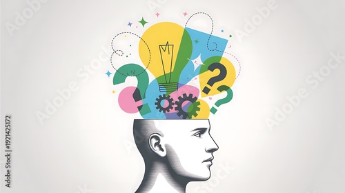 Creative thinking concept with colorful ideas and lightbulb in human head profile