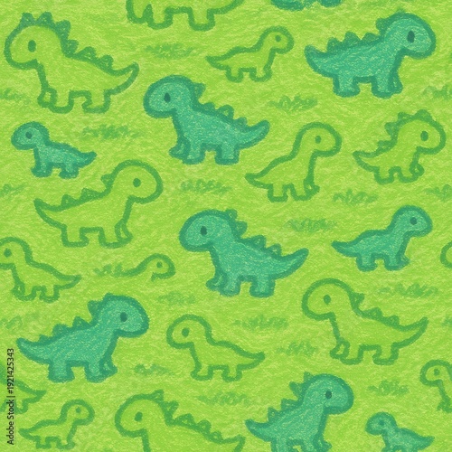 Seamless pattern of hand-drawn green dinosaurs in a playful doodle style