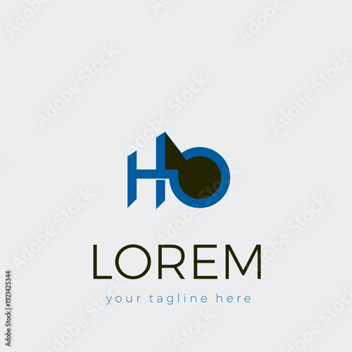 The monogram logo of the alphabet letter HO with a combination of blue and solid fill on the letter O in black