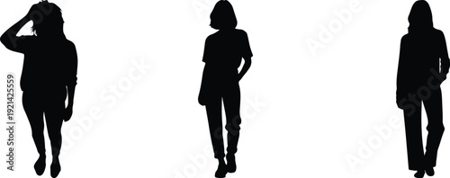 Three silhouettes of people walking in different postures