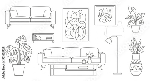 Interior Design Sketch with Furniture and Plants.
