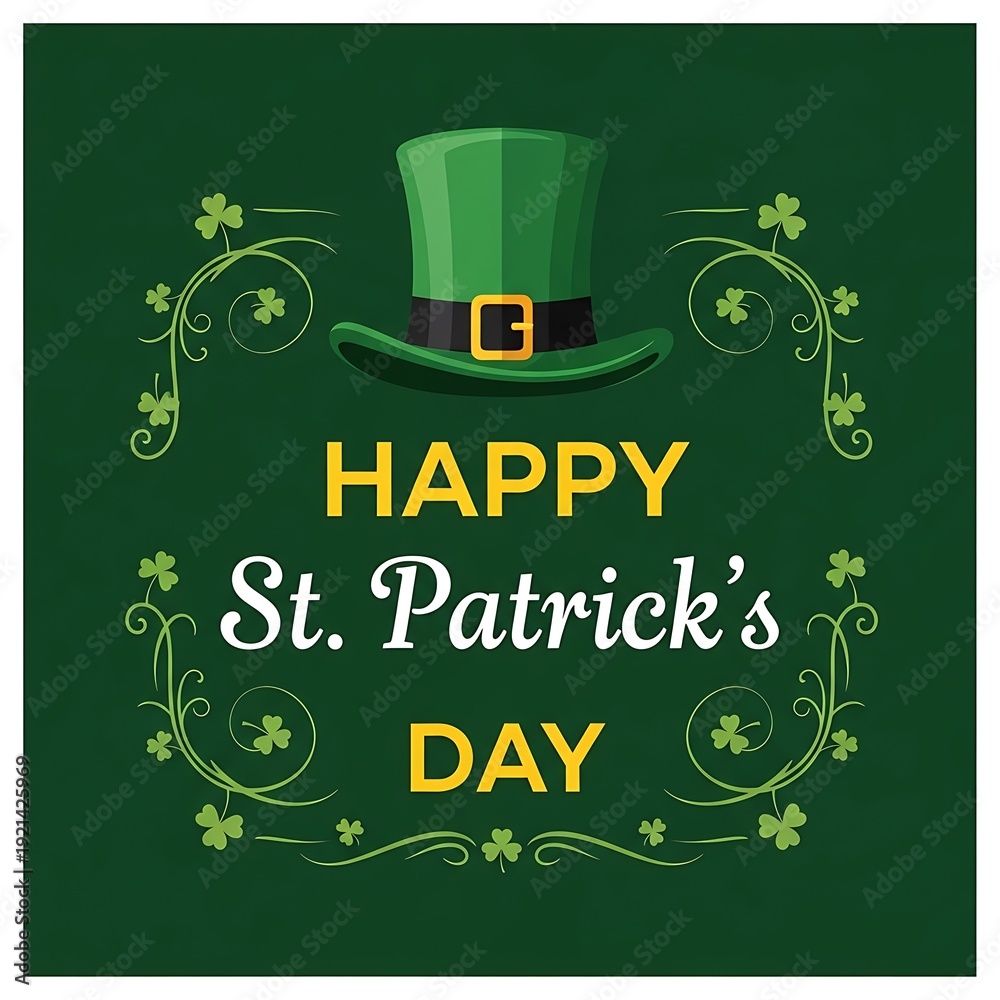 Fototapeta premium St Patricks Day card with green shamrock clover hat and pot of gold background.