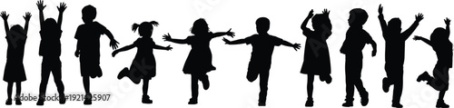 Silhouettes of happy children jumping and running together in a row, diverse group of kids playing and having fun outdoors