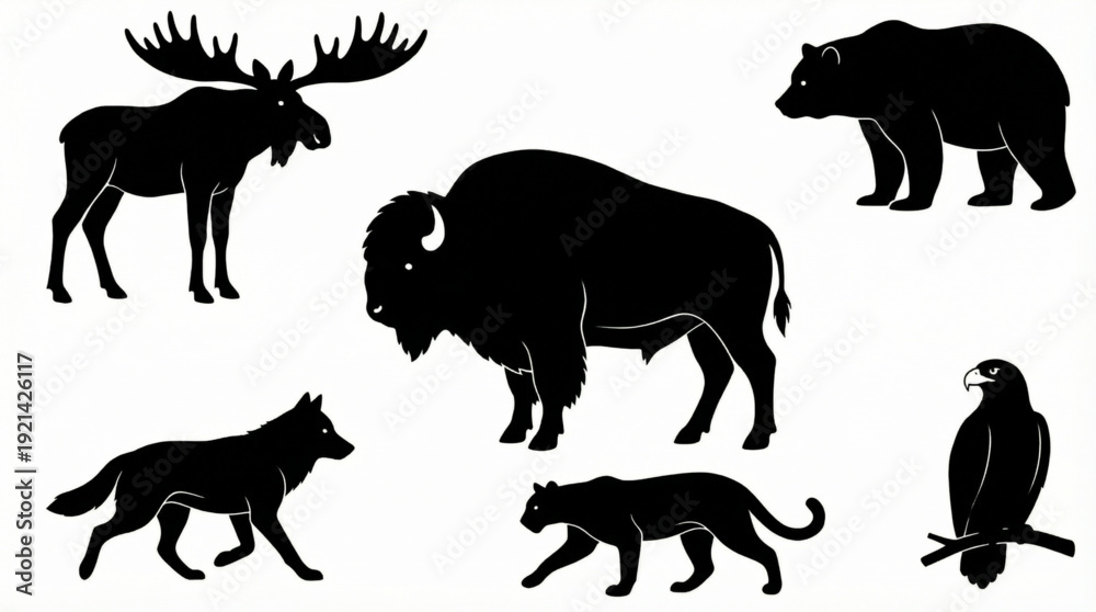 Naklejka premium North American Wildlife Decorative Black Silhouette Collection with Bison, Moose, Bear and Eagle