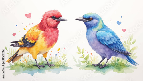 Two colorful birds standing on grass.