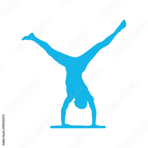 Gymnast handstand silhouette vector in blue, athletic woman exercise illustration
