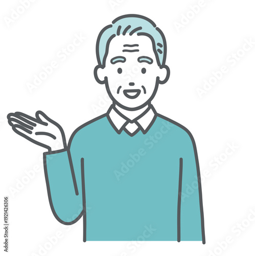 案内する・紹介する高齢男性のイラスト（手のひら・上半身）